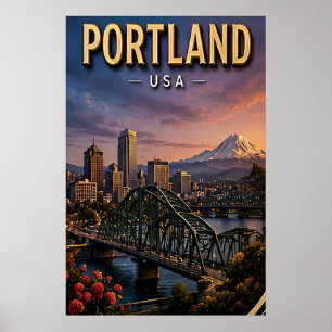 Póster Frente fluvial y puentes de la ciudad de Portland