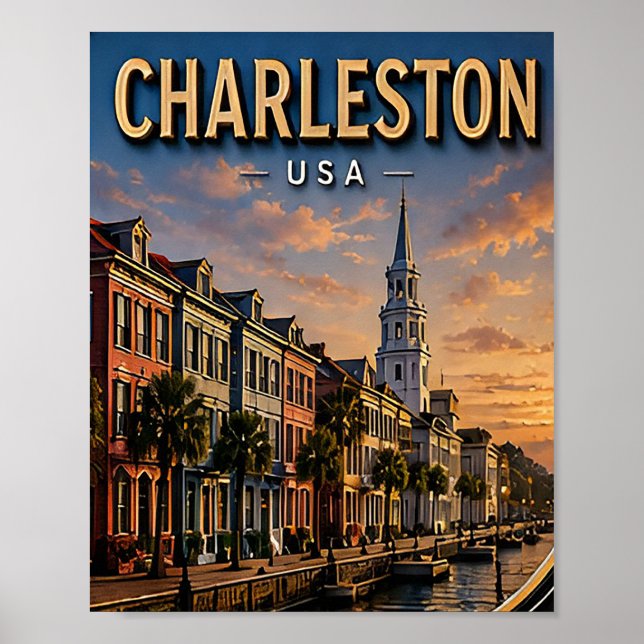 Póster Frente histórico de Charleston y Rainbow Row (Frente)