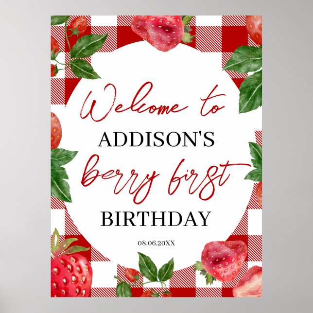 Póster Fresa 1er cumpleaños Berry Sweet (Frente)