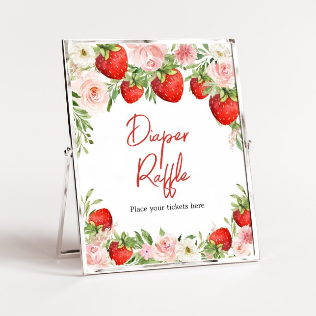 Póster Fresa Baby Shower Diaper Raffle (Pink Floral Strawberry Baby Shower Diaper Raffle Sign)