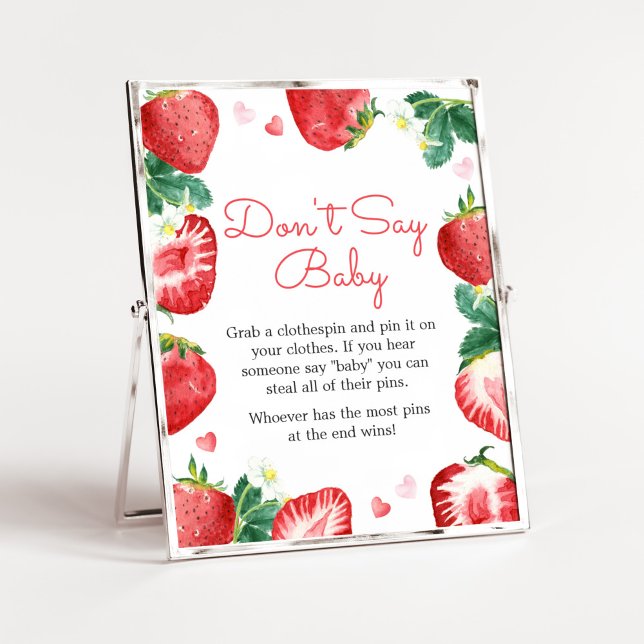 Póster Fresa Berry dulce Baby Shower no dice bebé (A Berry Sweet Strawberry Baby Shower Don't Say Baby Sign)