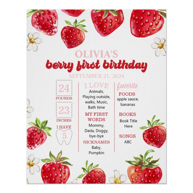 Póster Fresa Berry Primer hito de cumpleaños (Anverso)
