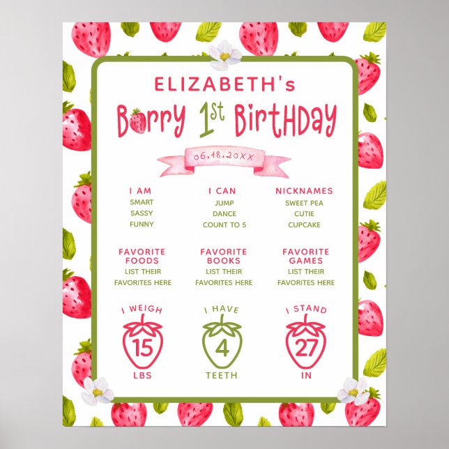 Póster Fresa Berry Primer primer año de natalidad (Frente)