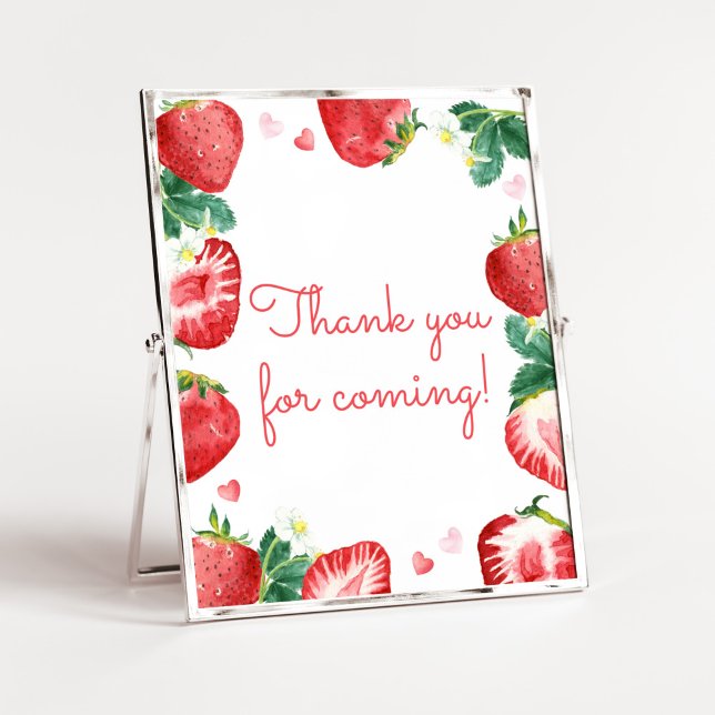 Póster Fresa Berry Sweet Gracias por venir (A Berry Sweet Strawberry Baby Shower Thank you for Coming Sign)