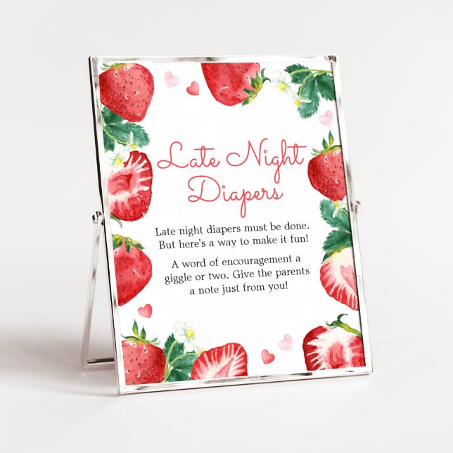 Póster Fresa Berry Sweet Late Night Diapers (A Berry Sweet Strawberry Baby Shower Late Night Diapers Sign)