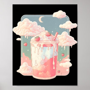 Póster Fresa Leche batida Kawaii Lofi Cute Pastel