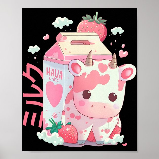 Póster Fresa Leche Leche Agitar Vaca Cartón Cute Kawaii J (Frente)