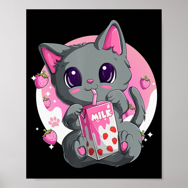 Póster Fresa Leche Para Mujeres Chicas Kawaii Anime Cat (Frente)