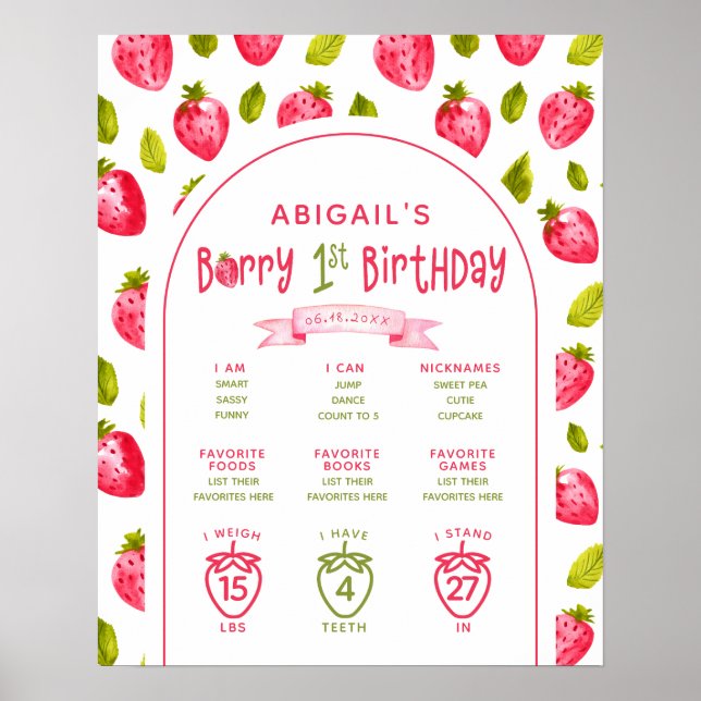 Póster Fresa Milestones Berry Primer cumpleaños (Frente)