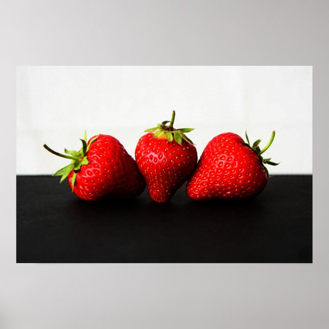 Póster Fresas De Blanco Sobre Blanco Negro (Frente)