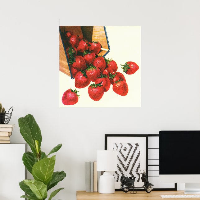 Póster Fresas de época en cesta, fresas de frutas aliment (Oficina en casa)