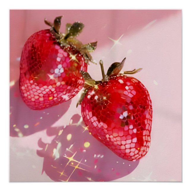 Póster Fresas Disco Gemelas Brillantes Estética Rosa  (Anverso)