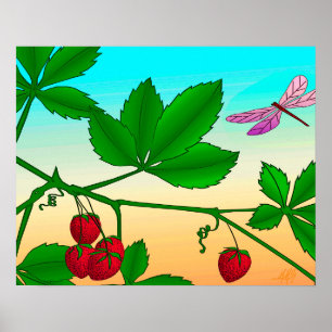 Póster "Fresas en una rama" impreso con frontera