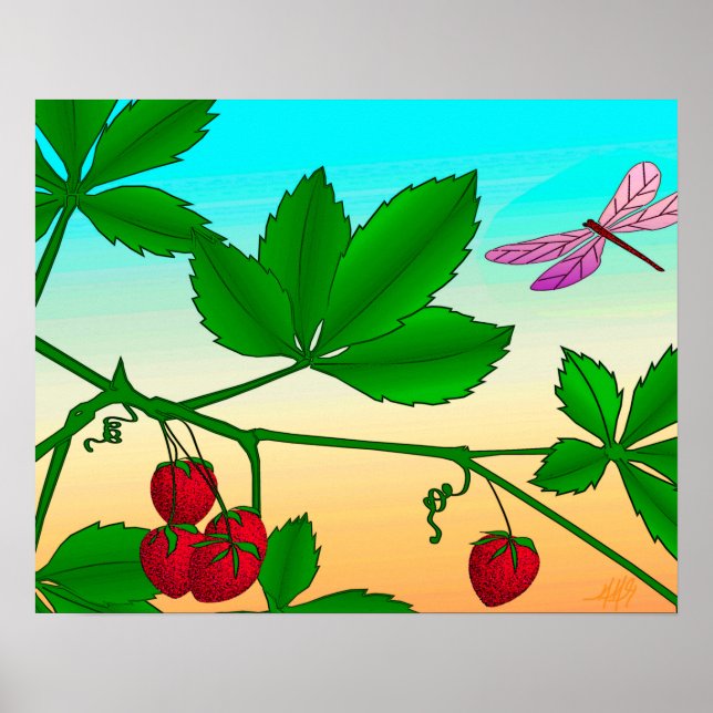 Póster "Fresas en una rama" impreso con frontera (Frente)