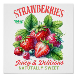 Póster Fresas Jugosas y Deliciosas Arte de Frutas Vintage
