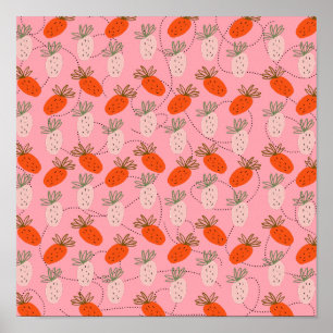 Póster Fresas Patrón de garabatos rosa blanco