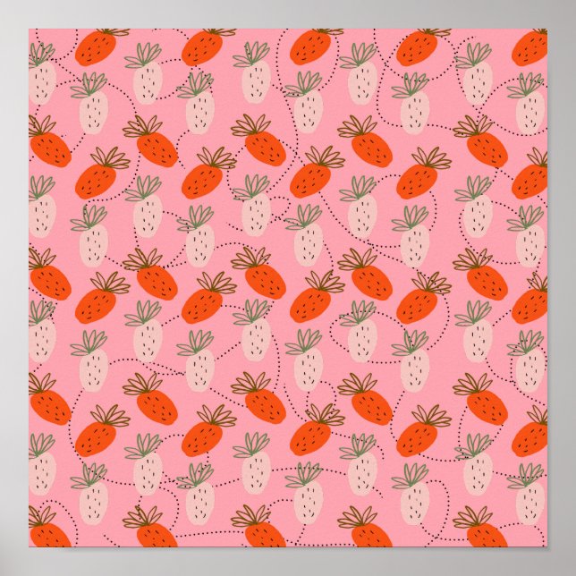 Póster Fresas Patrón de garabatos rosa blanco    (Frente)