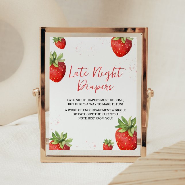 Póster Fresas rojas minimalistas para los pañales nocturn (Berry Sweet Baby Shower Late Night Diapers Sign)