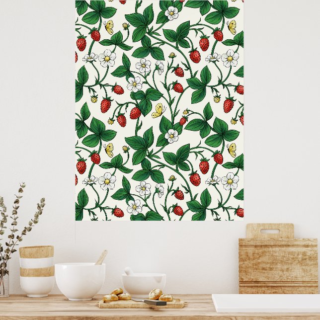 Póster Fresas silvestres rojas/amarillas/verdes/blanco ap (Cocina)