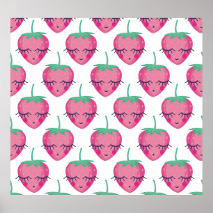 Póster Fresas sonrientes para dormir, lindo patrón.