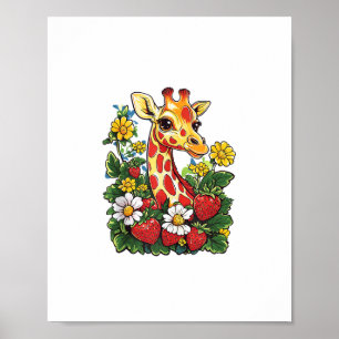 Póster Fresas y flores de jirafa gráfico jirafa linda