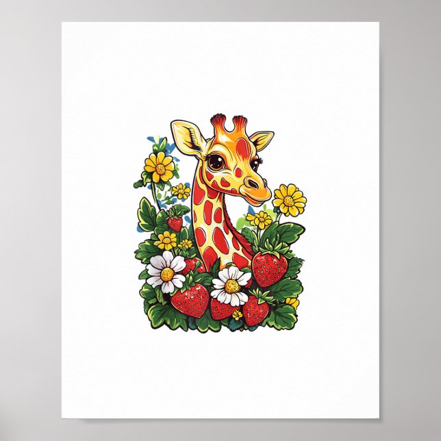 Póster Fresas y flores de jirafa gráfico jirafa linda (Frente)