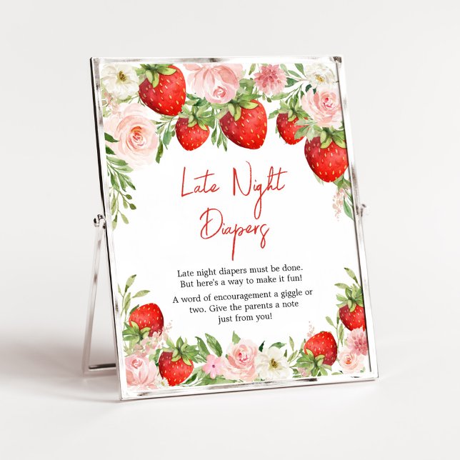 Póster Fresawberry Baby Shower Late Night Diapers (Pink Floral Strawberry Baby Shower Late Night Diapers Sign)