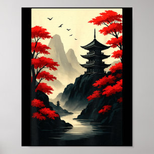 Póster Fresco Paisaje Montañoso Castillo Pagoda Japonesa