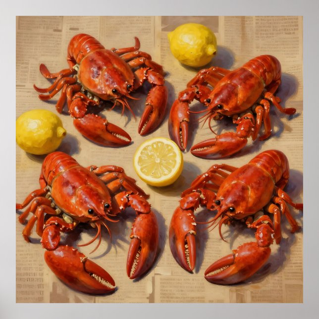 Póster Fresh Boiled Lobster Lemon Newspaper Feast (Frente)
