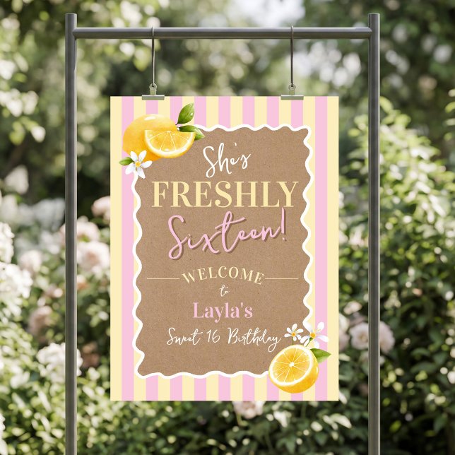 Póster FRESHLY Dieciséis Limones Rosa Cumpleaños 16 Bienv (She's Freshly Sixteen watercolor lemons trendy citrus sweet 16 birthday party welcome sign poster)