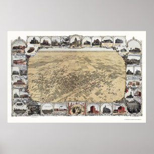 Póster Fresno, mapa panorámico de CA - 1901