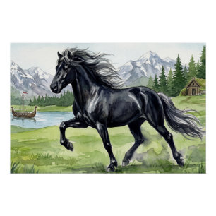 Póster Freydis Black Caballo islandés en paisaje nórdico