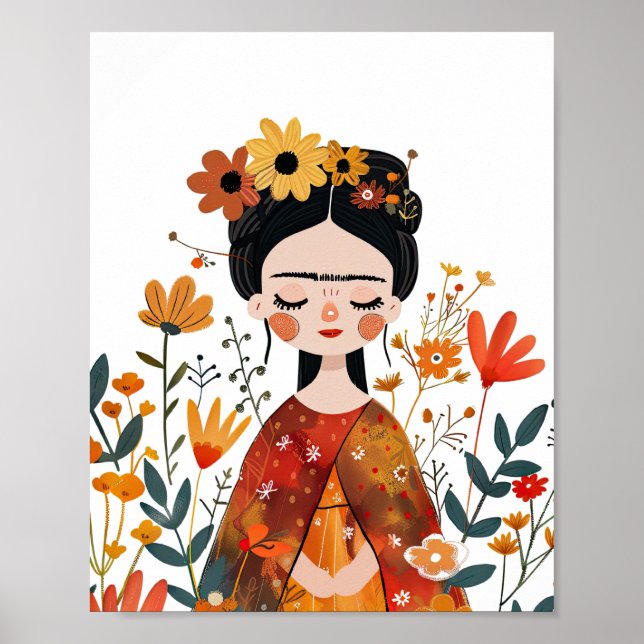 Póster Frida Kahlo con flores de color acuático (Frente)