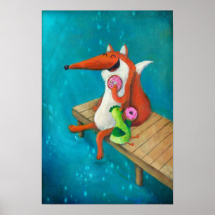 Póster Friendly Fox and Chicken eating donuts