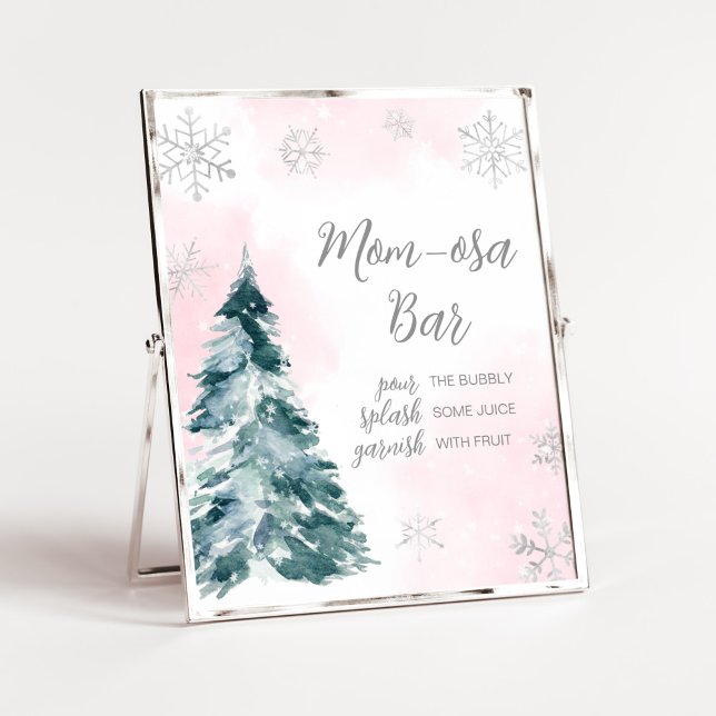 Póster Frío fuera de invierno rosa Baby Shower Mom Osa Ba (Pink Silver Pine Tree Baby Shower Mom Osa Bar Sign)