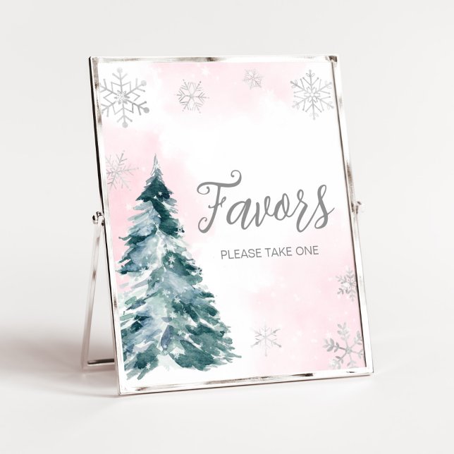 Póster Frío fuera de los favoritos de Baby Shower en invi (Pink Silver Pine Tree Baby Shower Favors Sign)