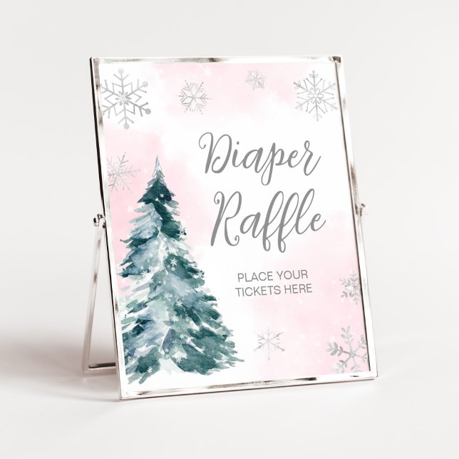 Póster Frío fuera de los pañales de invierno rosados Raff (Pink Silver Winter Baby Shower Diaper Raffle Sign)
