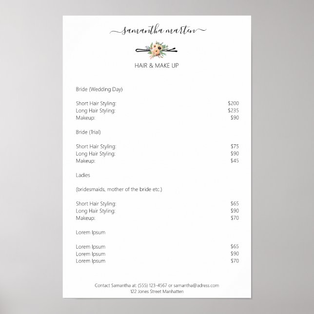 Póster Friseur Haarnadel Blumen PreisListen (Frente)