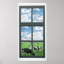 Póster Frisian Holstein Cows Farm Faux Window View Poster