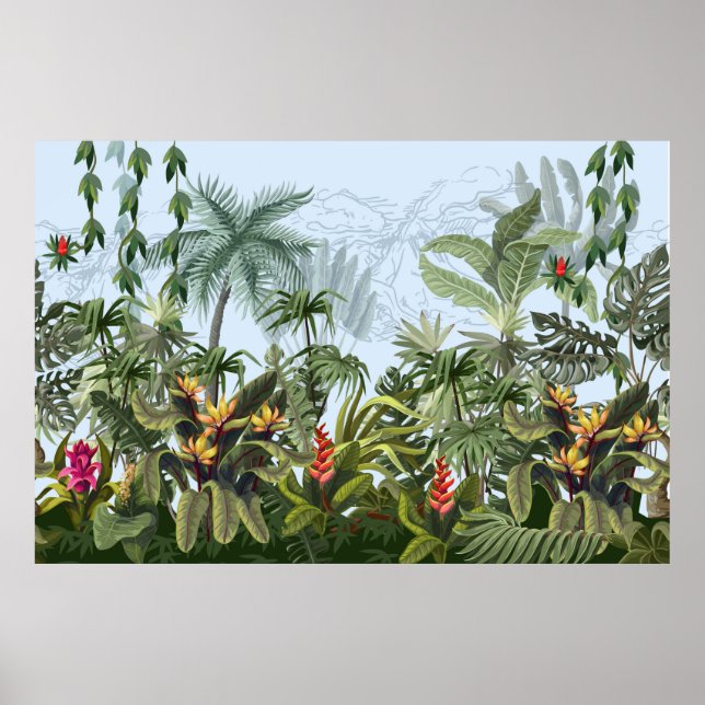 Póster Frontera perfecta con árboles de selva y flores. V (Frente)
