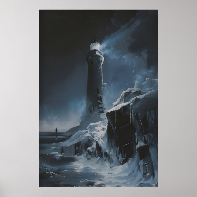 Póster Frozen Lighthouse Winter Sea Art, Ocean Coastal (Frente)