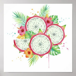 Póster Fruta de dragón y hibisco tropical en acuarela