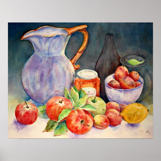 Póster Fruta de pintura acuarela y vida residual de jug (Frente)