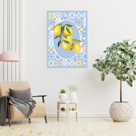 Póster Fruta limón, azulejos azules de inspiración europe