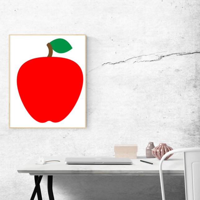Póster Fruta roja de Apple (A poster with a red apple with a green leaf.)