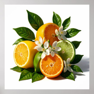 Póster Frutas cítricas vibrantes florecen realistas