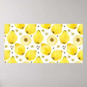 Póster Frutas frescas de membrillo amarillo, acuarela tra
