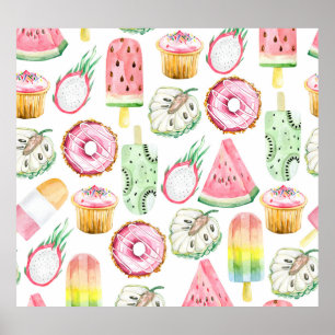 Póster Frutas tropicales acuáticas, patrón de helados.
