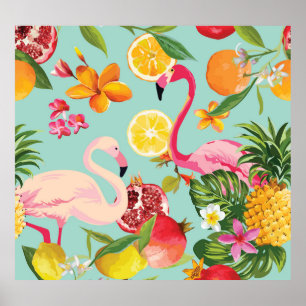 Póster Frutas tropicales Flamingo Vintage