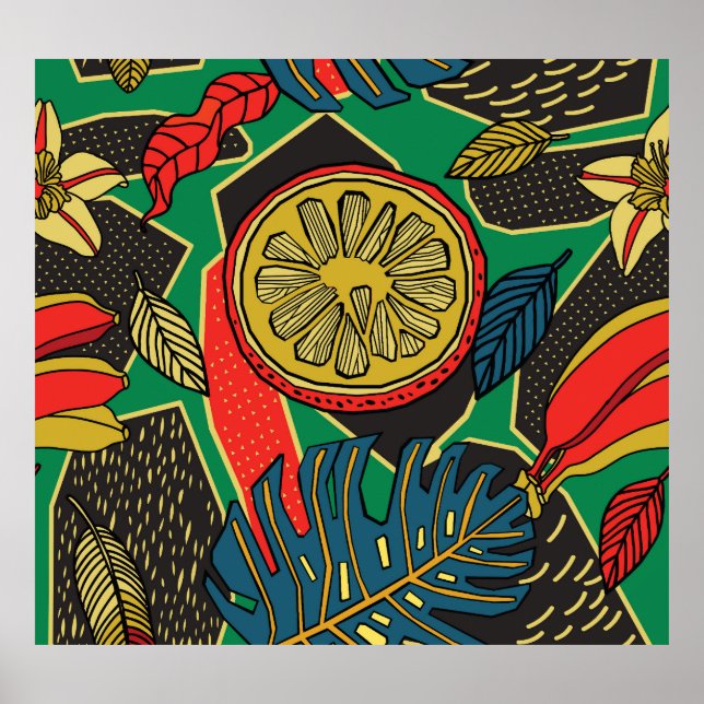 Póster Frutas tropicales, hojas, doodle floral patrón. (Frente)